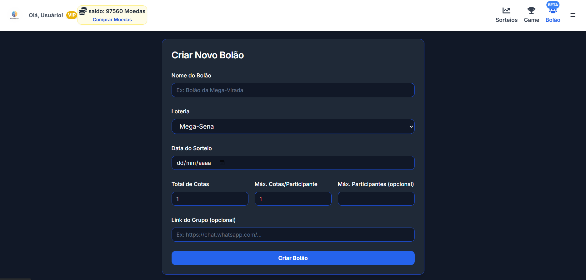 Preview da tela de criação e gestão de bolões